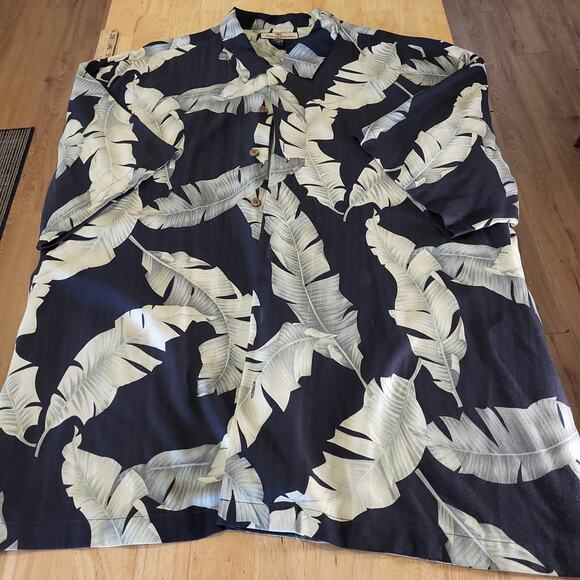 Tommy Bahama XXXL 100% Silk Black Green Botanical Print Collared Button Down - Picture 1 of 11